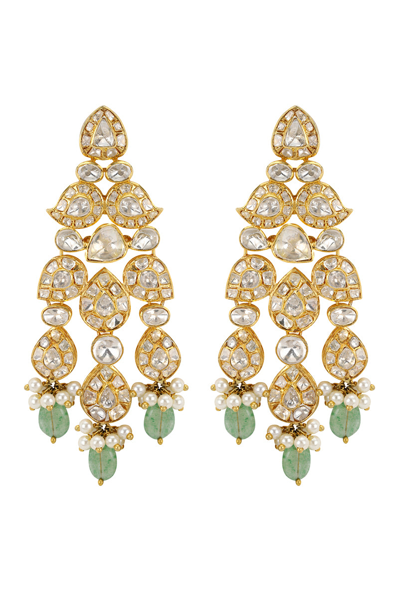 All White Polki in Pear Shape Motif Gold Plated Silver Long Earrings With Green Drops