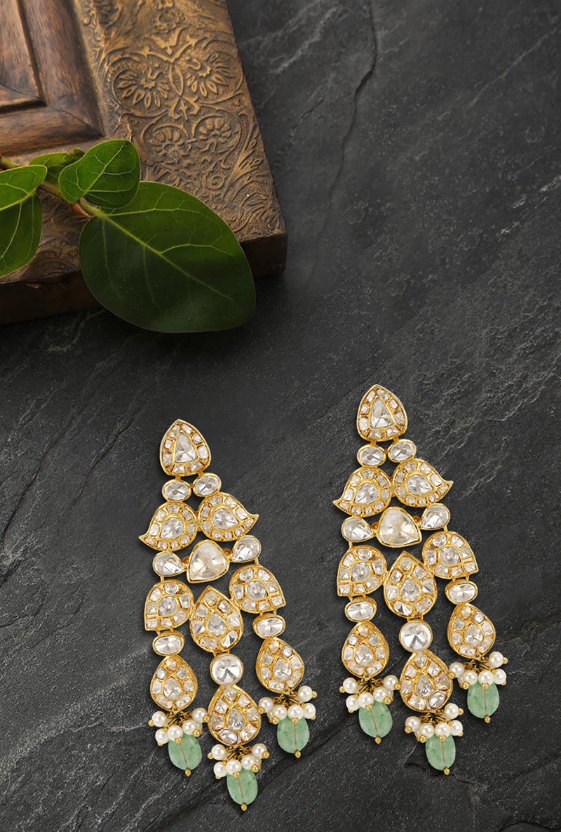All White Polki in Pear Shape Motif Gold Plated Silver Long Earrings With Green Drops