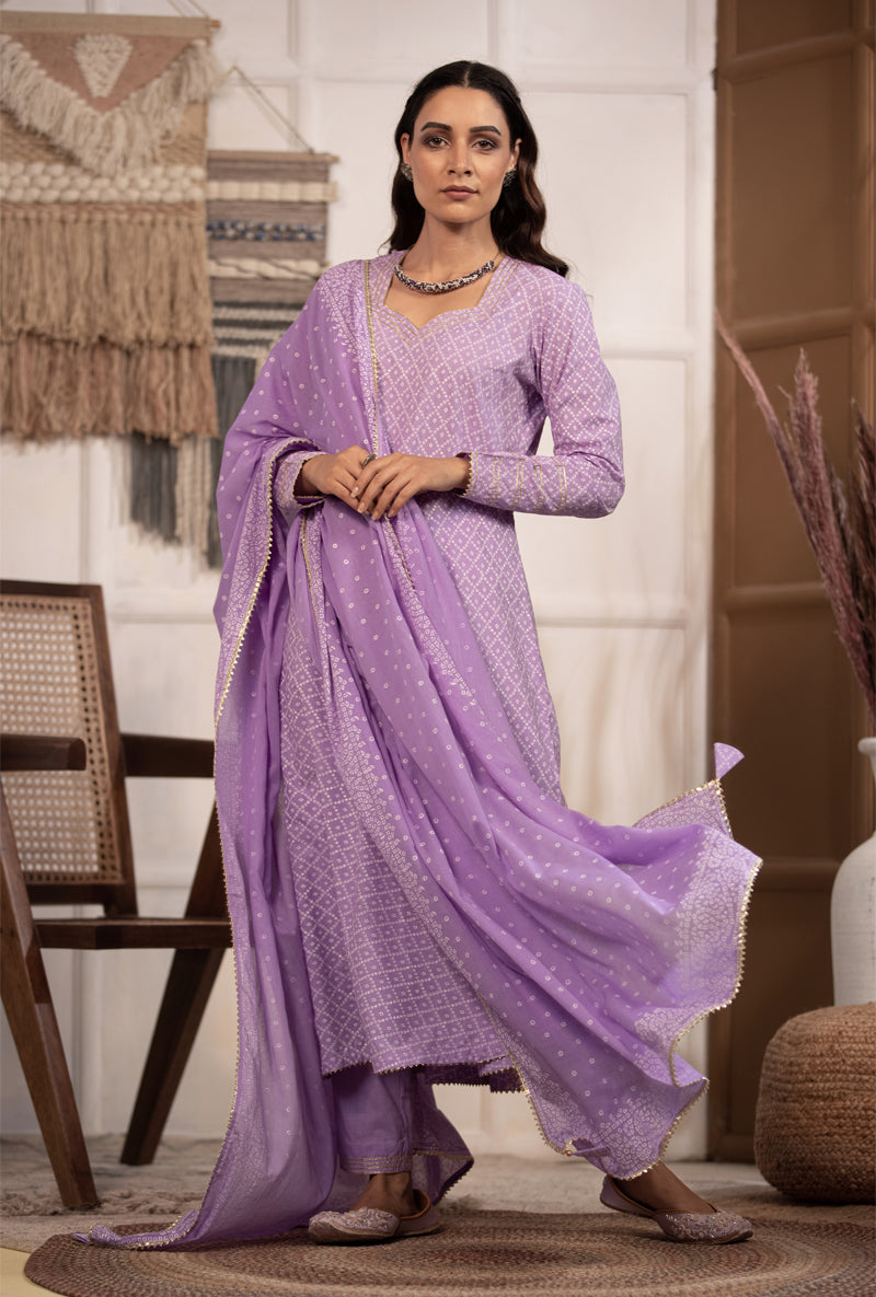 Lilac Bandhej Anarkali Kurta Set