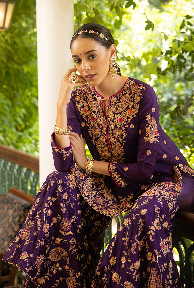 Purple Kairi Buta Full Jaal Zeenat Gharara Set