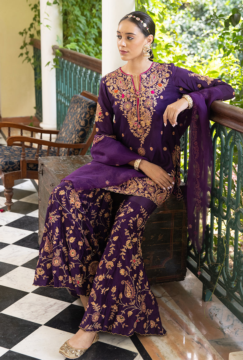 Purple Kairi Buta Full Jaal Zeenat Gharara Set