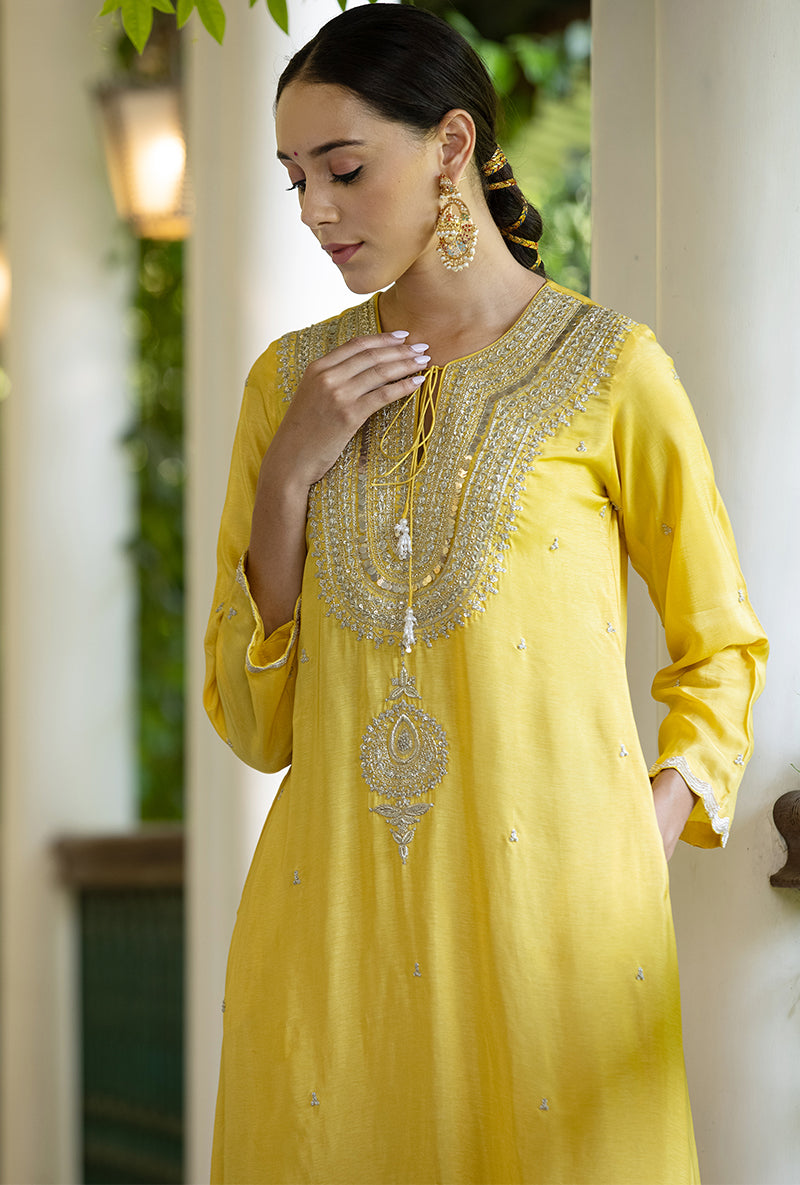 Soft Yellow Zardozi Heavy Neck Aayat Kurta Set