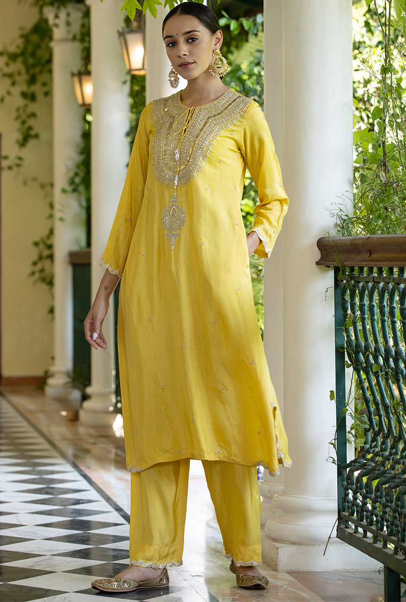 Soft Yellow Zardozi Heavy Neck Aayat Kurta Set