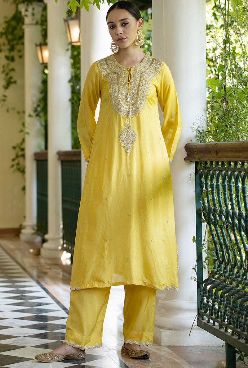Soft Yellow Zardozi Heavy Neck Aayat Kurta Set
