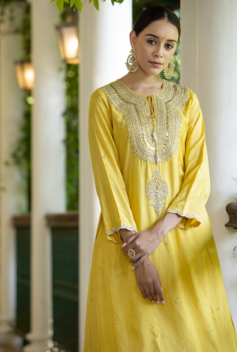 Soft Yellow Zardozi Heavy Neck Aayat Kurta Set