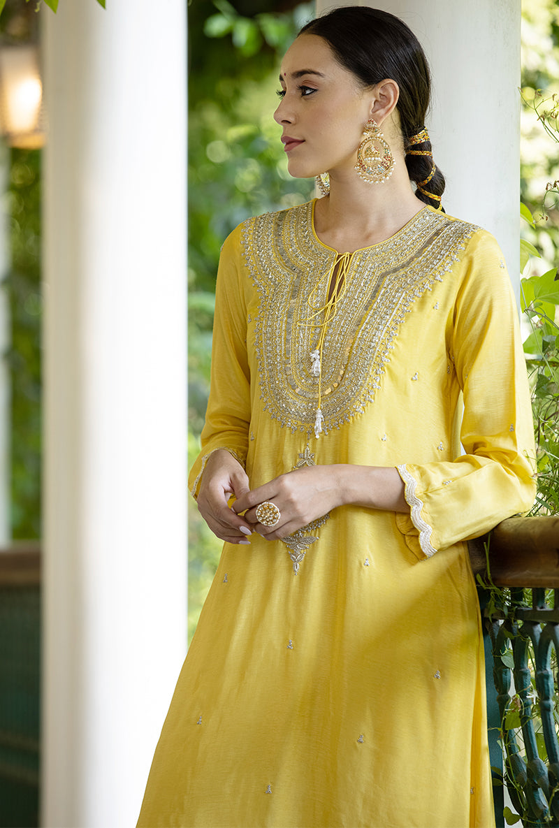 Soft Yellow Zardozi Heavy Neck Aayat Kurta Set