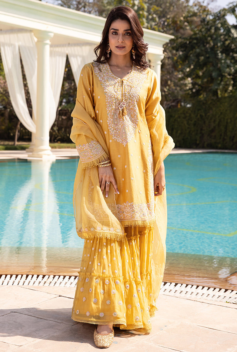 Yellow Dori Paisley Aafreen Gharara Set