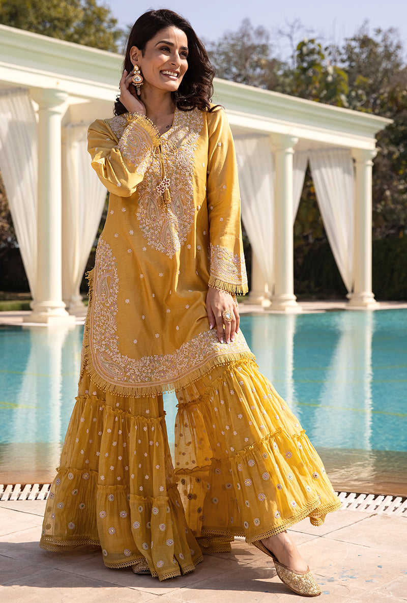 Yellow Dori Paisley Aafreen Gharara Set
