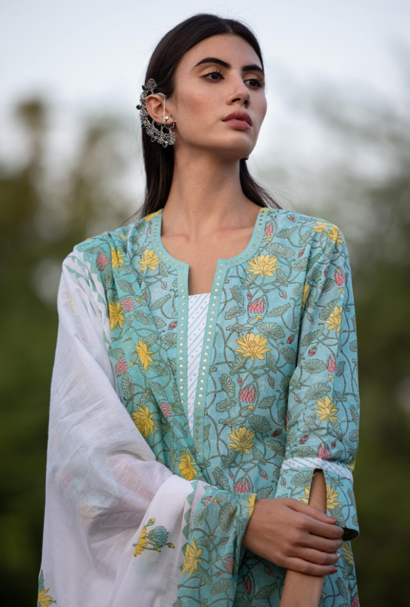 Aqua Sequin Pankhuri Kurta Set
