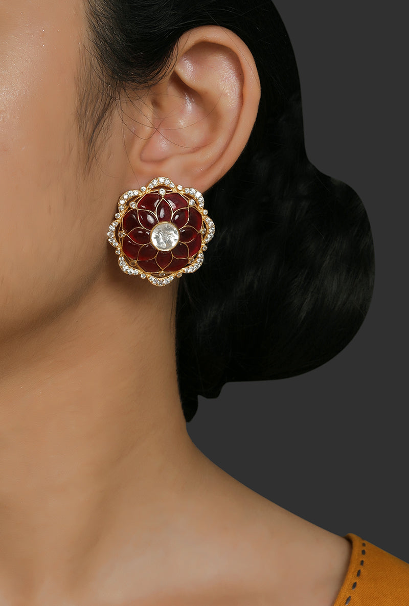 Polki & Red Stone Gold Plated Silver Ear Studs