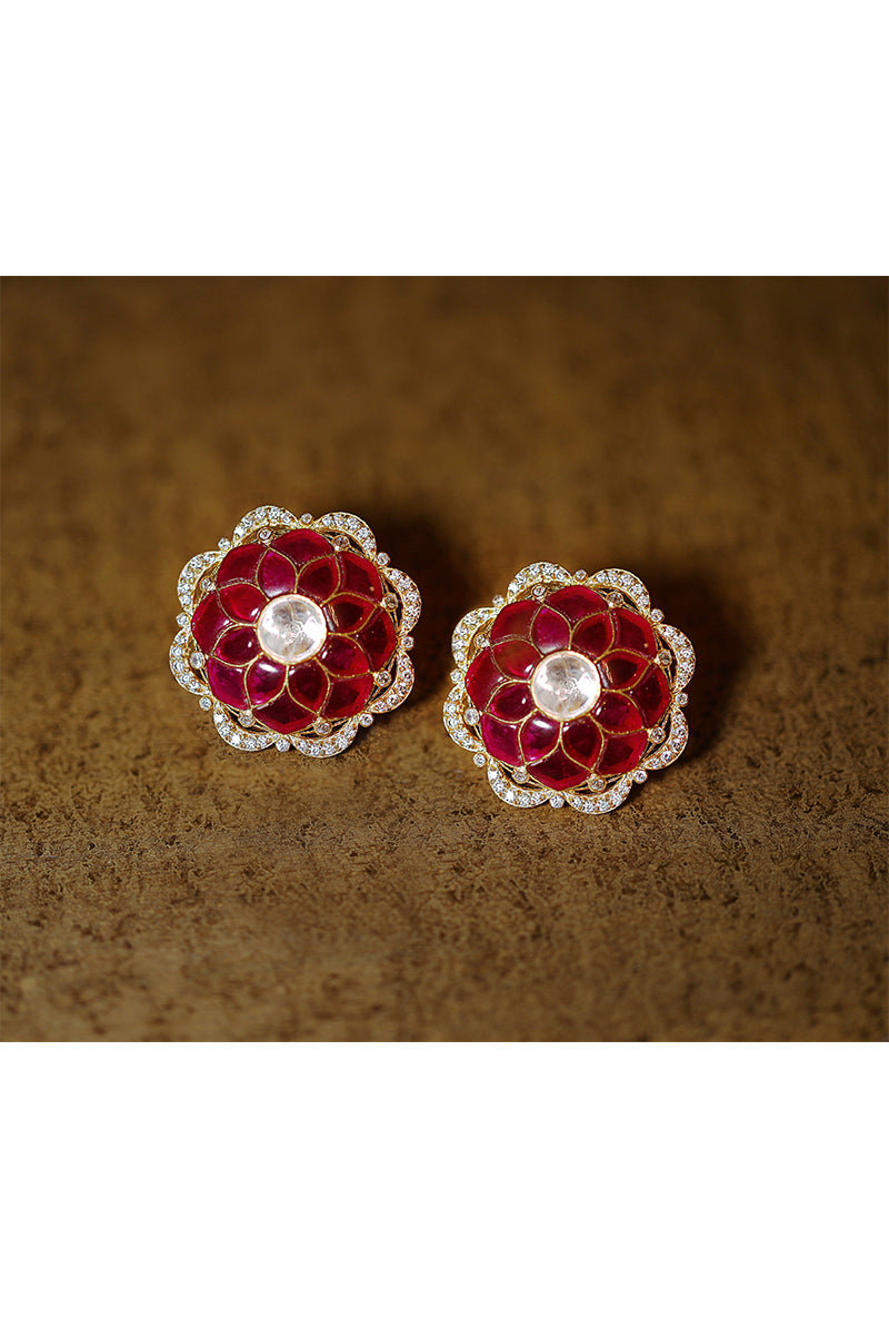 Polki & Red Stone Gold Plated Silver Ear Studs