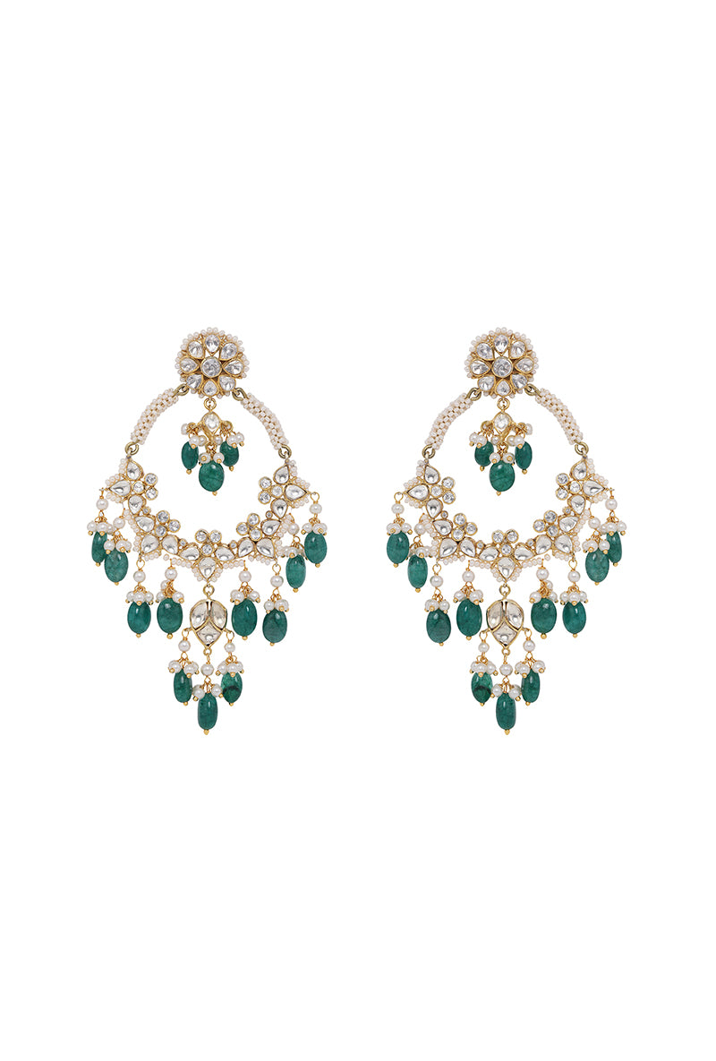 Gold Plated Silver Polki & Pearl Chandbali With Green Drops
