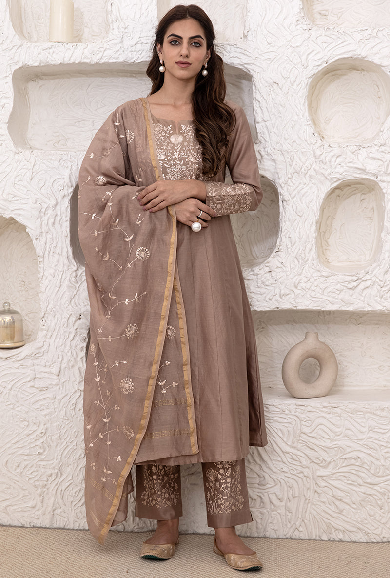 Khaki Brown Kalidaar Tahira Kurta Set