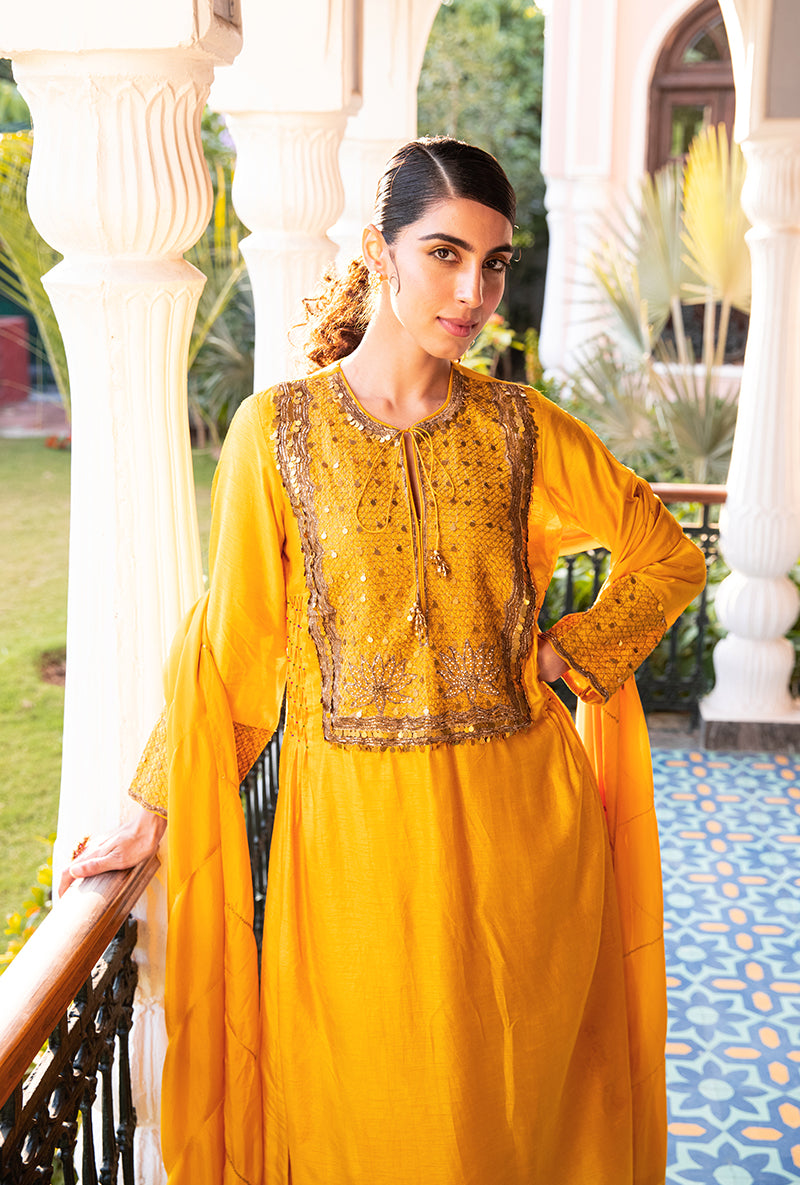 Mustard Lotus Yoke Heavy Neck Sunehri Kurta Set