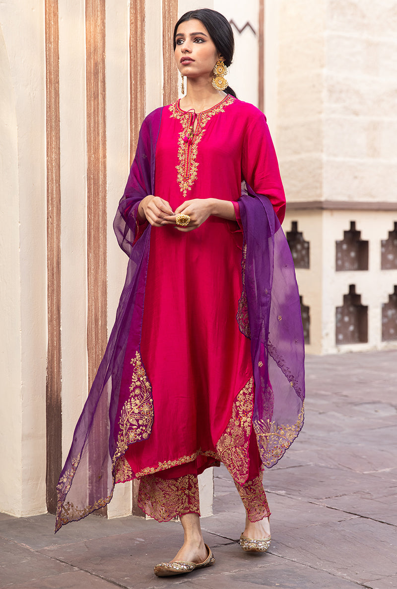 Sheena Sherwani In Rani Pink Leaf Jaal Farshi Ulfat Kurta Set