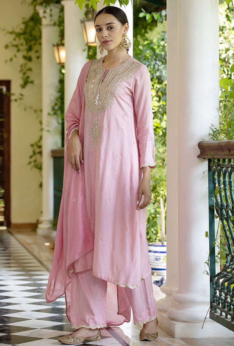 Soft Pink Zardozi Heavy Neck Aayat Kurta Set