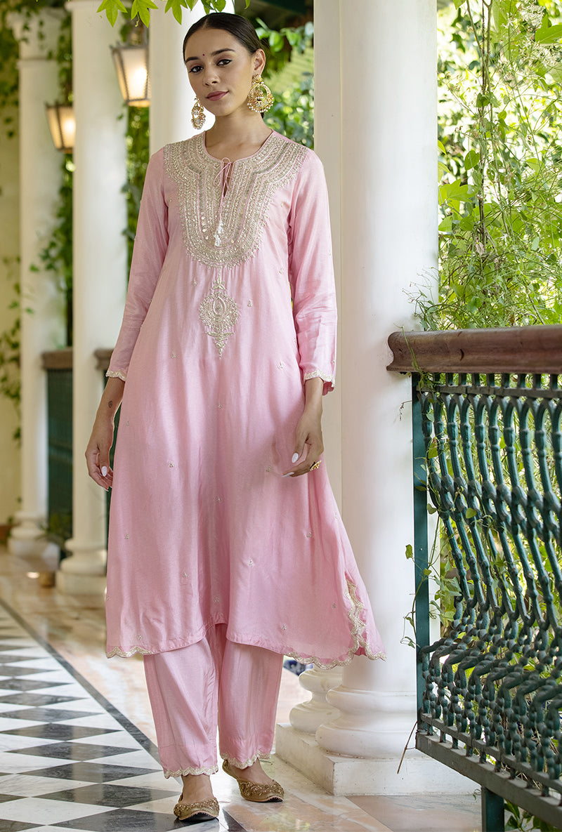 Soft Pink Zardozi Heavy Neck Aayat Kurta Set
