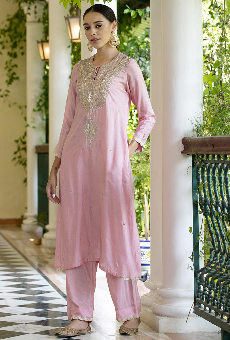 Soft Pink Zardozi Heavy Neck Aayat Kurta Set