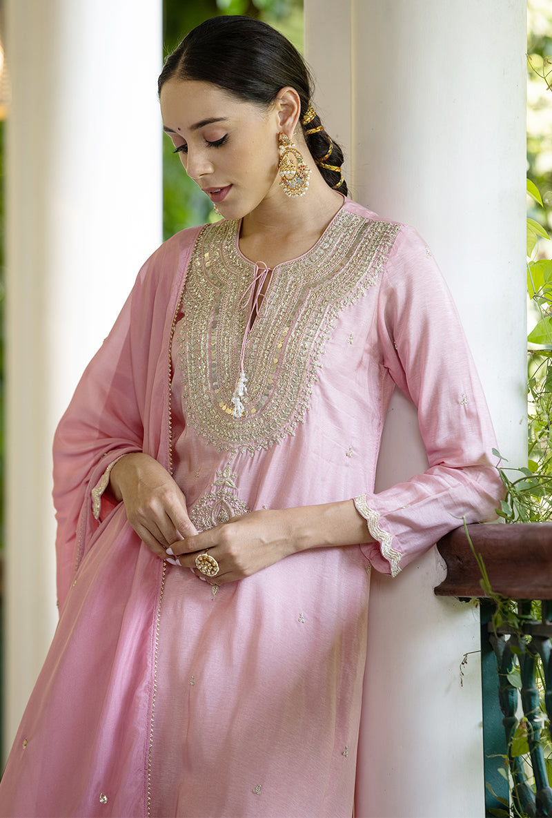 Soft Pink Zardozi Heavy Neck Aayat Kurta Set