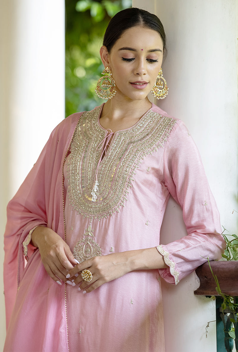 Soft Pink Zardozi Heavy Neck Aayat Kurta Set