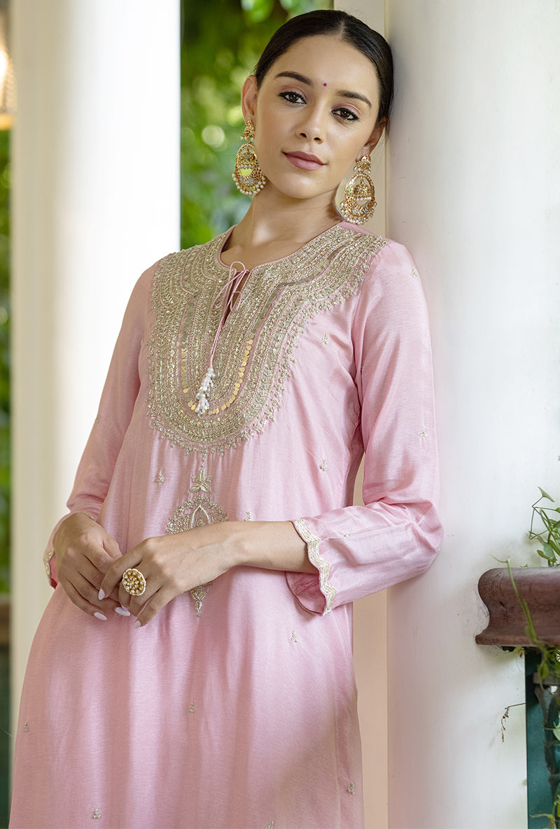 Soft Pink Zardozi Heavy Neck Aayat Kurta Set