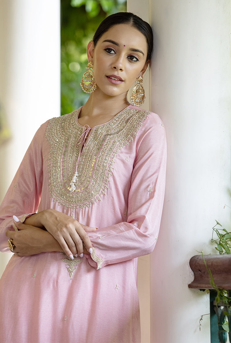 Soft Pink Zardozi Heavy Neck Aayat Kurta Set
