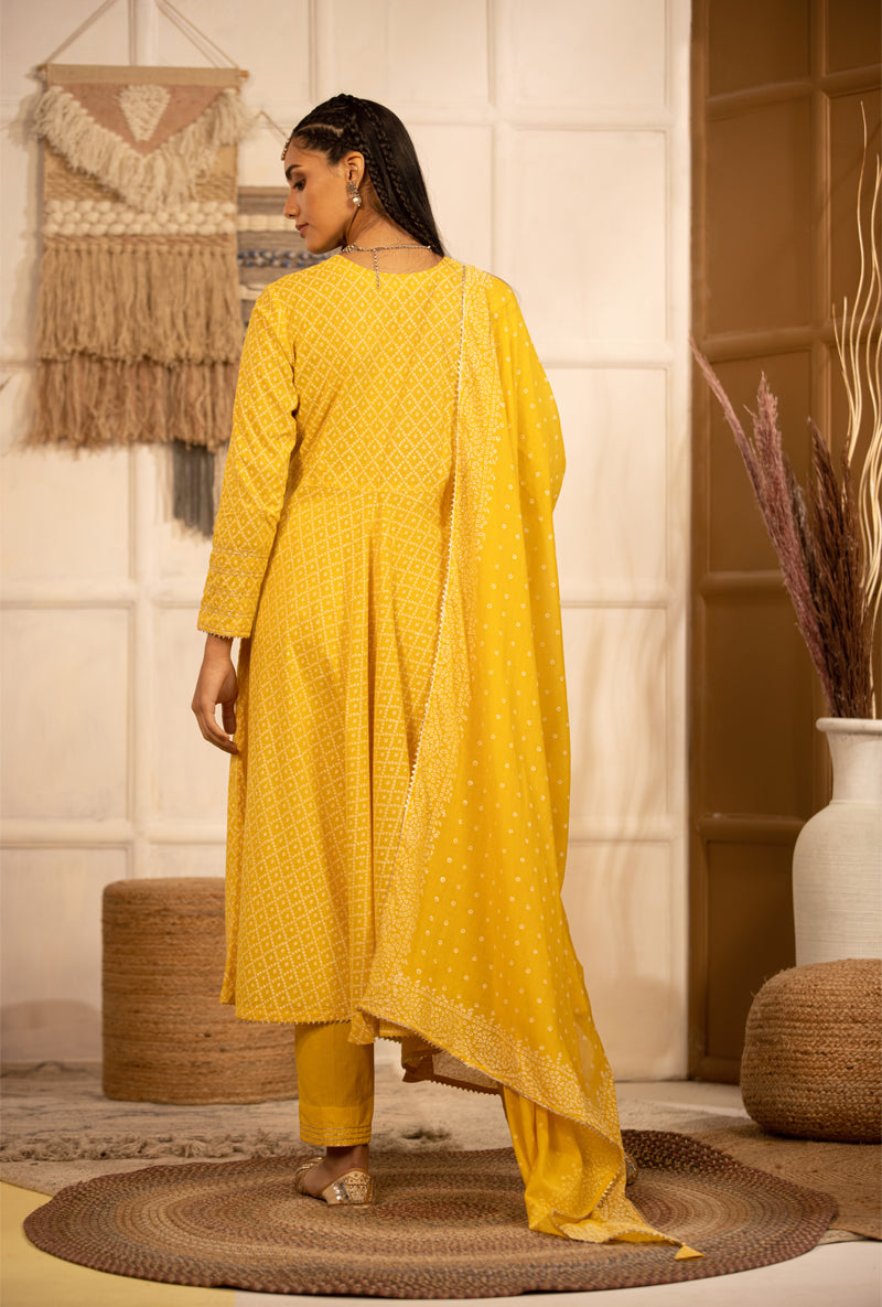 Yellow Bandhej Anarkali Kurta Set