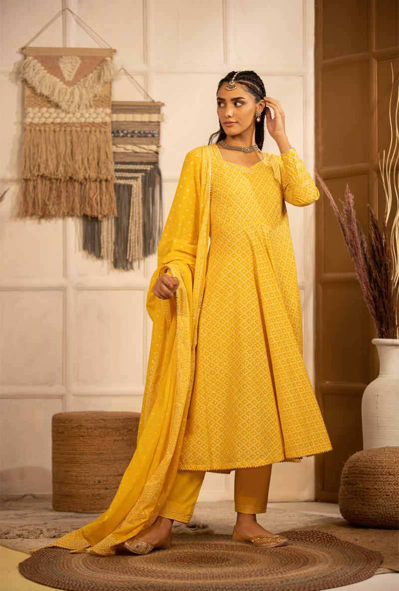 Yellow Bandhej Anarkali Kurta Set