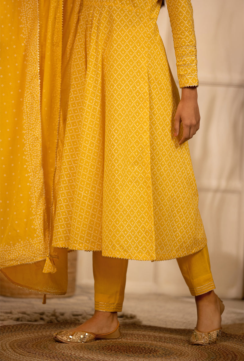 Yellow Bandhej Anarkali Kurta Set