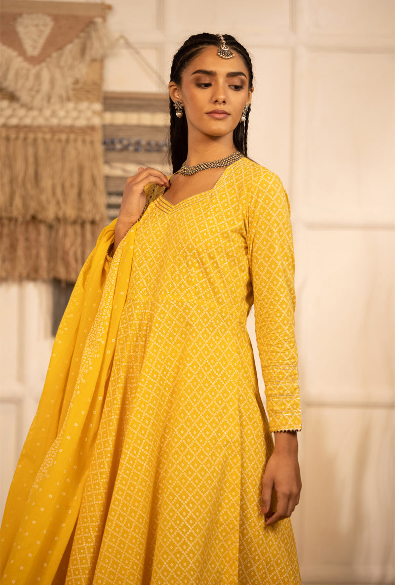 Yellow Bandhej Anarkali Kurta Set