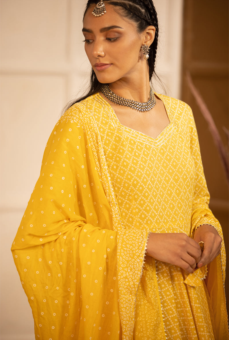 Yellow Bandhej Anarkali Kurta Set