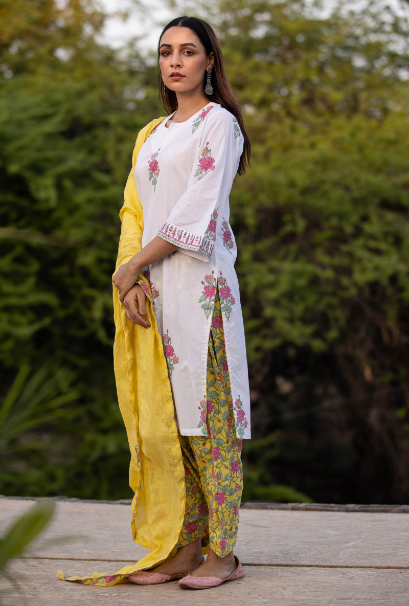 Ivory/Yellow Pankhuri Salwar Kurta Set