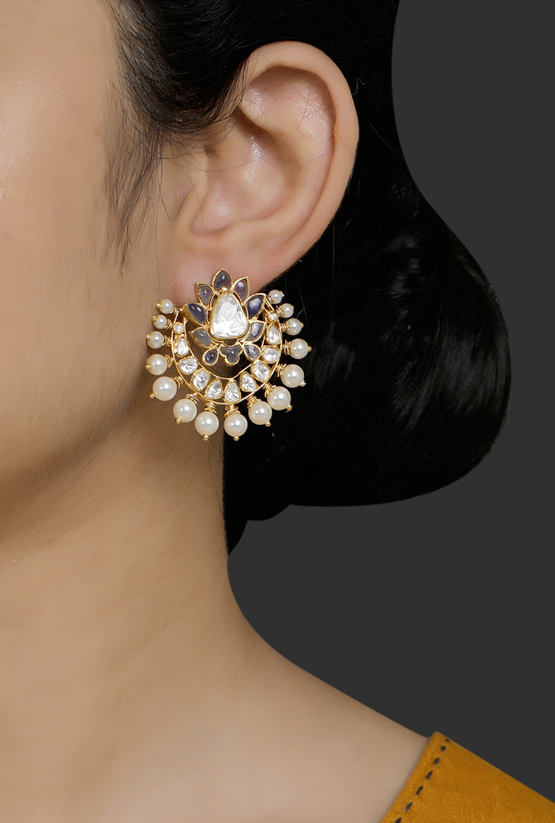 Polki & Blue Sapphire Gold Plated Silver Ear Studs With Pearls