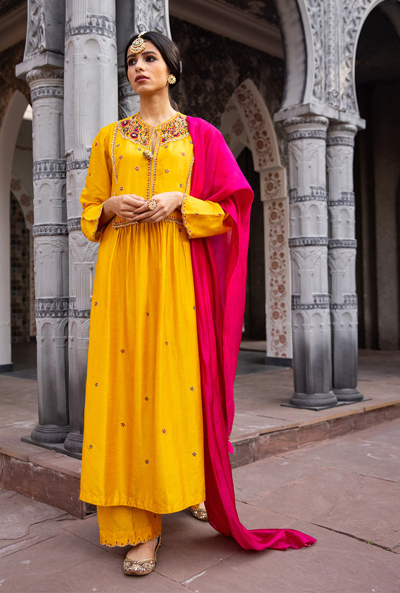 Mustard Floral Zardozi Ulfat Kurta Set