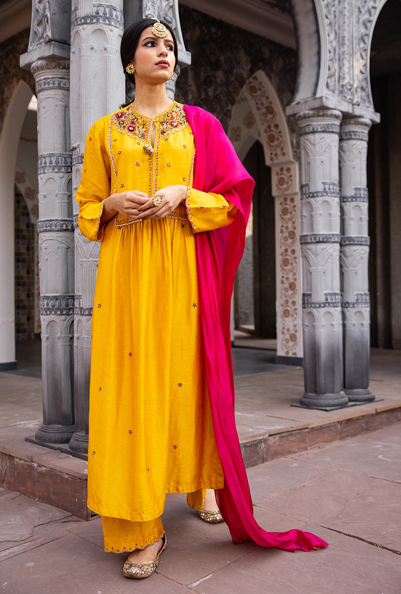 Mustard Floral Zardozi Ulfat Kurta Set