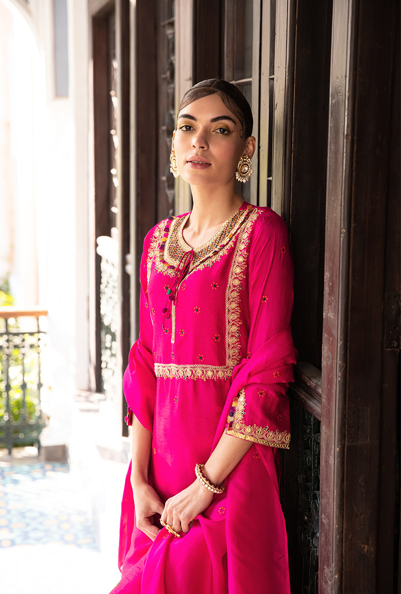 Pink Colorful Coin Square Neck Sunehri Kurta Set
