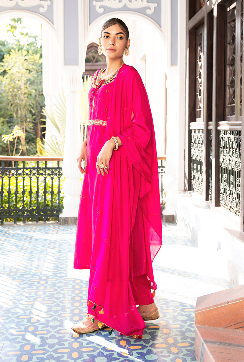 Pink Colorful Coin Square Neck Sunehri Kurta Set