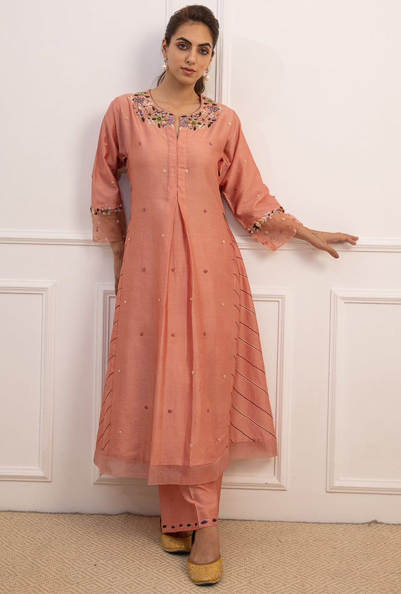 Pink French Knot Side Stripe Suhaani Kurta Set