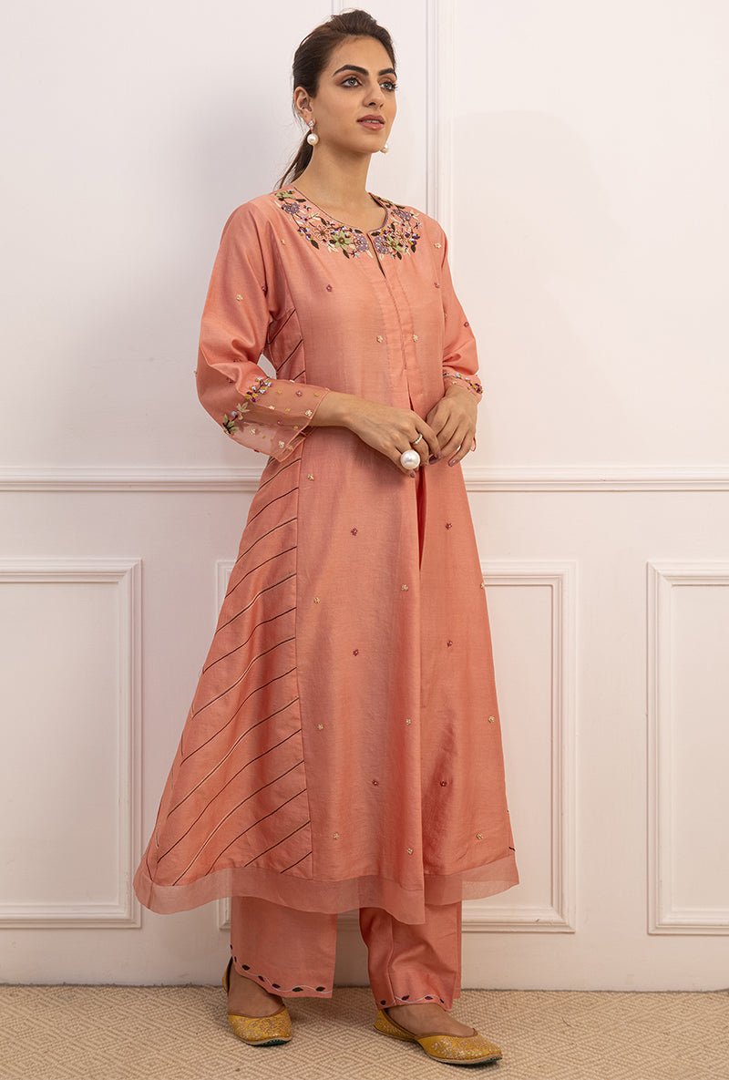 Pink French Knot Side Stripe Suhaani Kurta Set