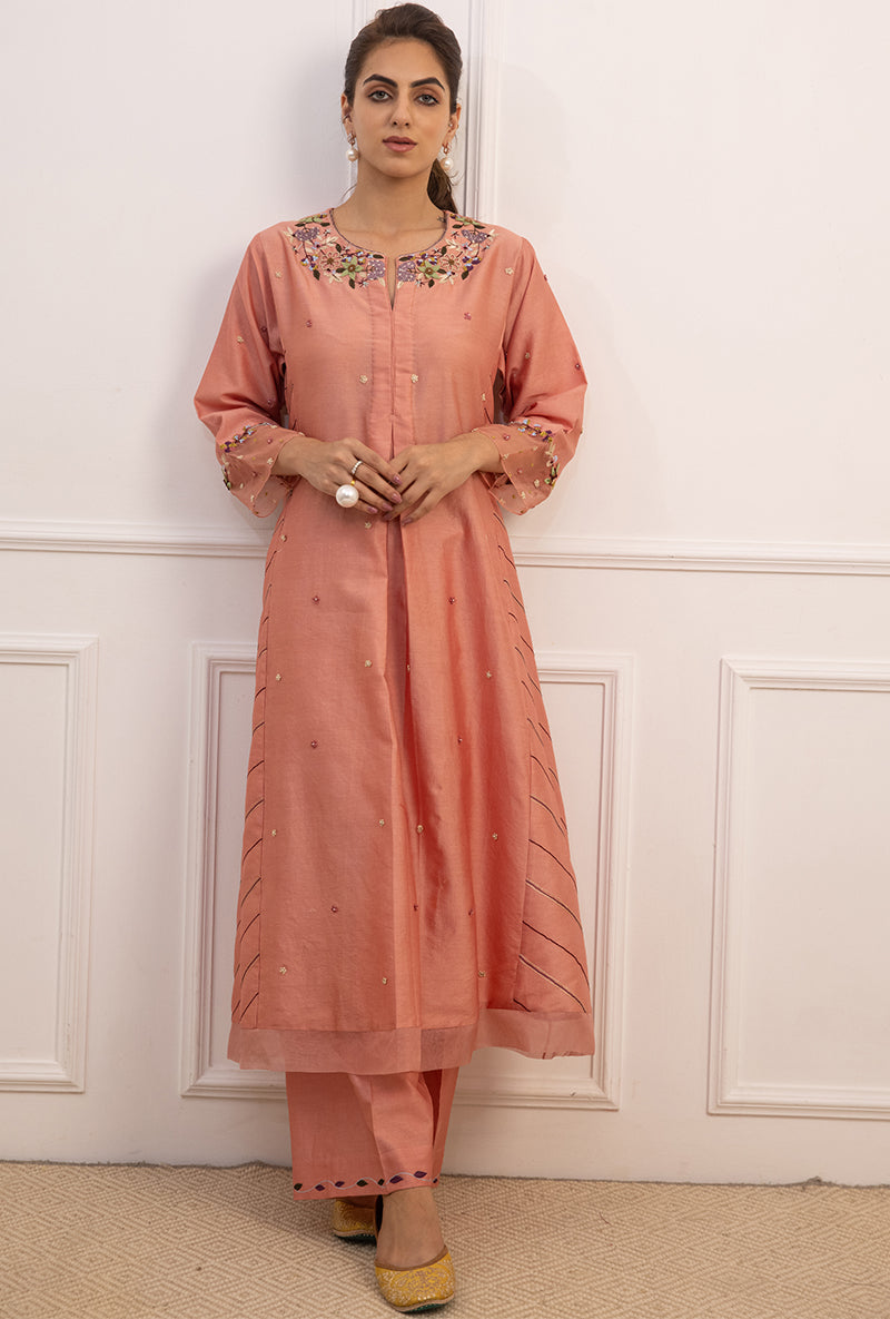 Pink French Knot Side Stripe Suhaani Kurta Set