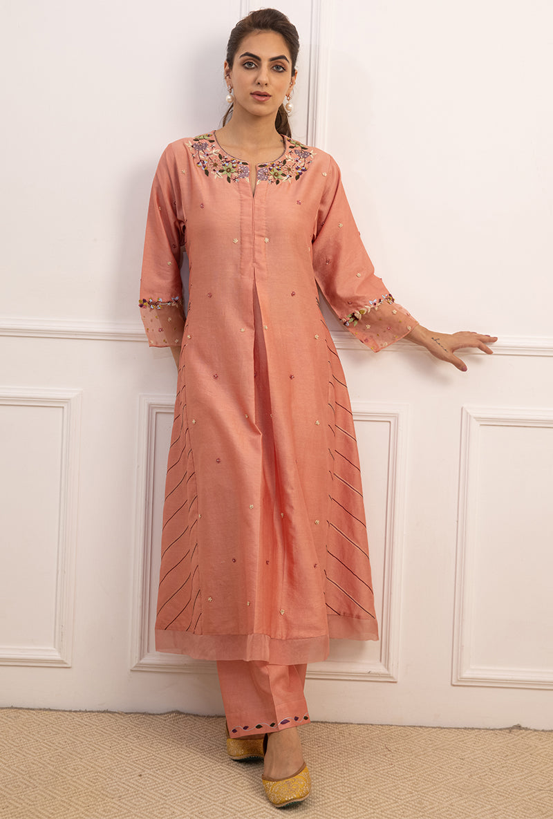 Pink French Knot Side Stripe Suhaani Kurta Set