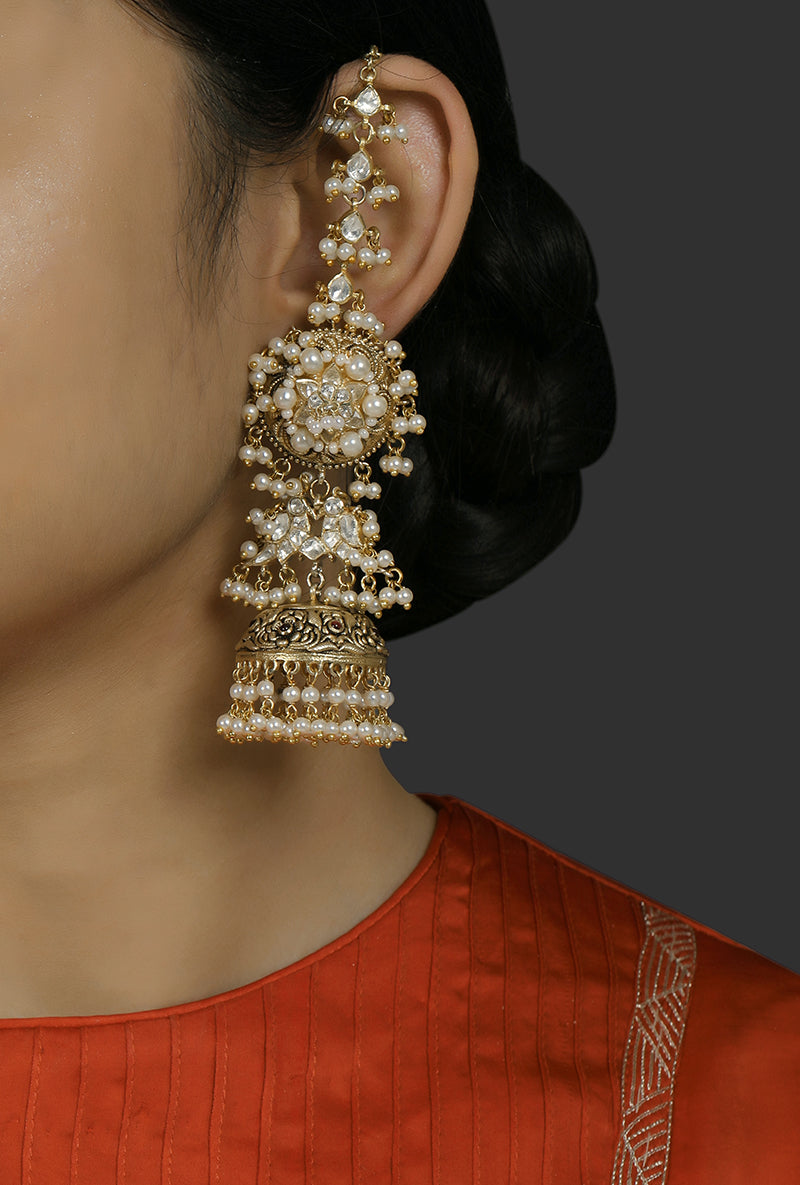 Gold Plated Silver Floral Textured Jhumkis With Pearl Strung Kaanchain