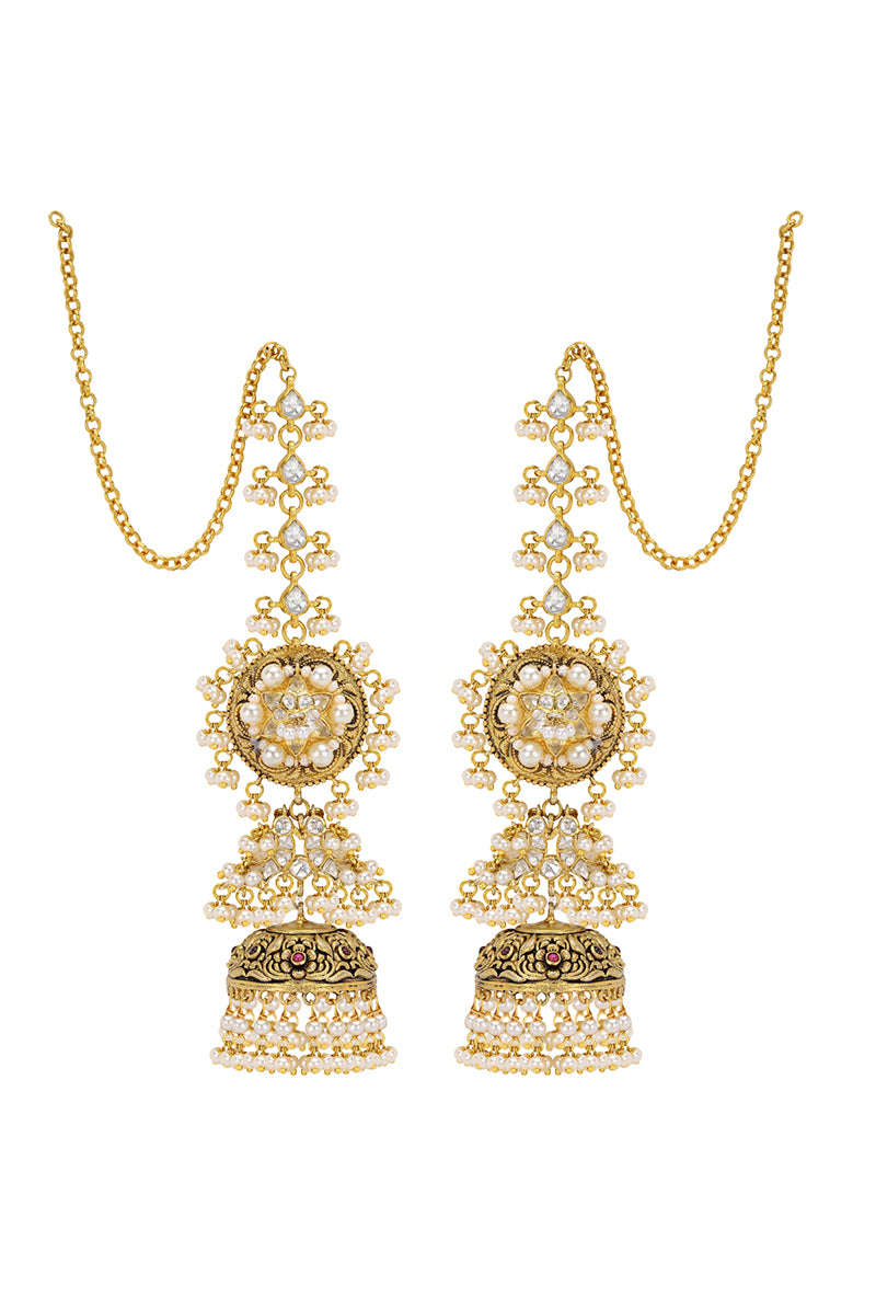 Gold Plated Silver Floral Textured Jhumkis With Pearl Strung Kaanchain