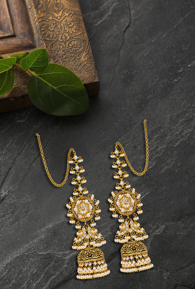 Gold Plated Silver Floral Textured Jhumkis With Pearl Strung Kaanchain