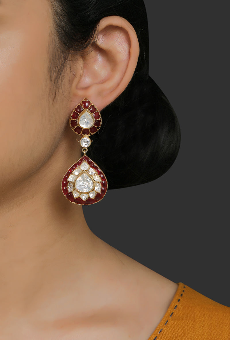 Red Gold Plated Silver Pear Shape Polki Earrings