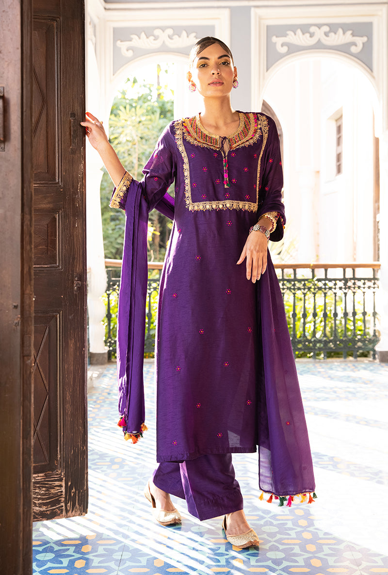 Purple Colorful Coin Square Neck Sunehri Kurta Set