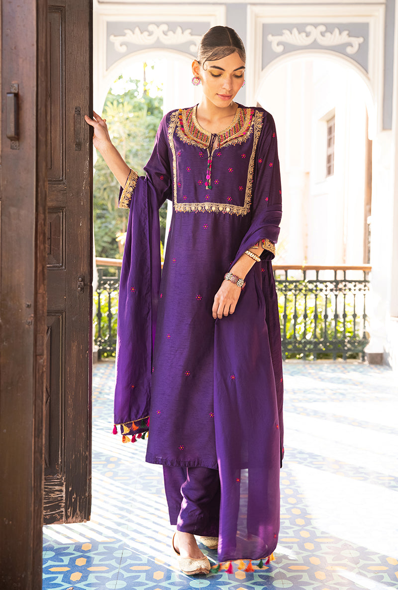 Purple Colorful Coin Square Neck Sunehri Kurta Set