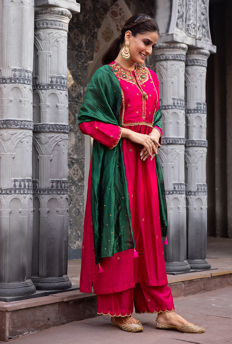 Rani Pink Floral Zardozi Ulfat Kurta Set