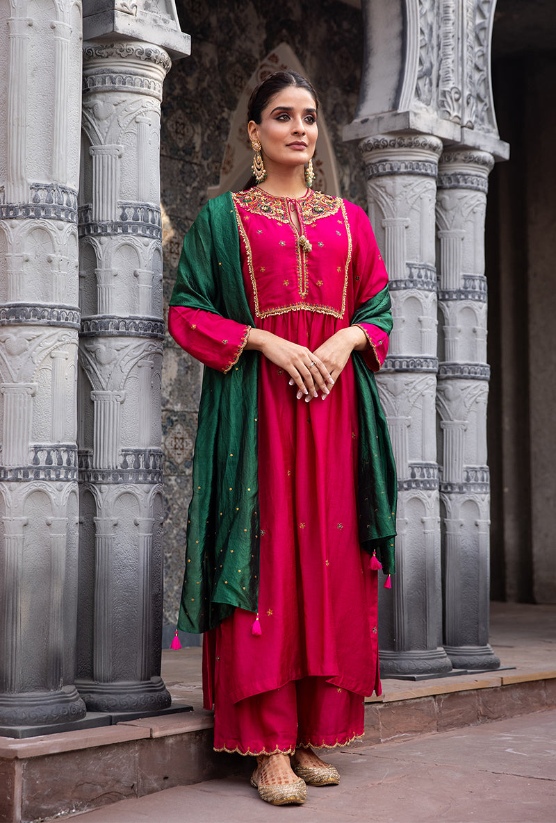Rani Pink Floral Zardozi Ulfat Kurta Set