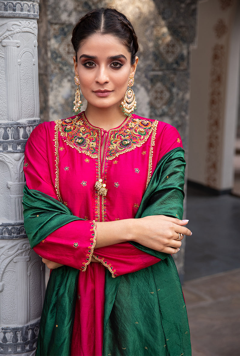 Rani Pink Floral Zardozi Ulfat Kurta Set